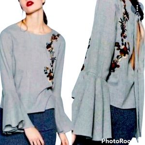 Neiman Marcus Gray Embroidered Blouse